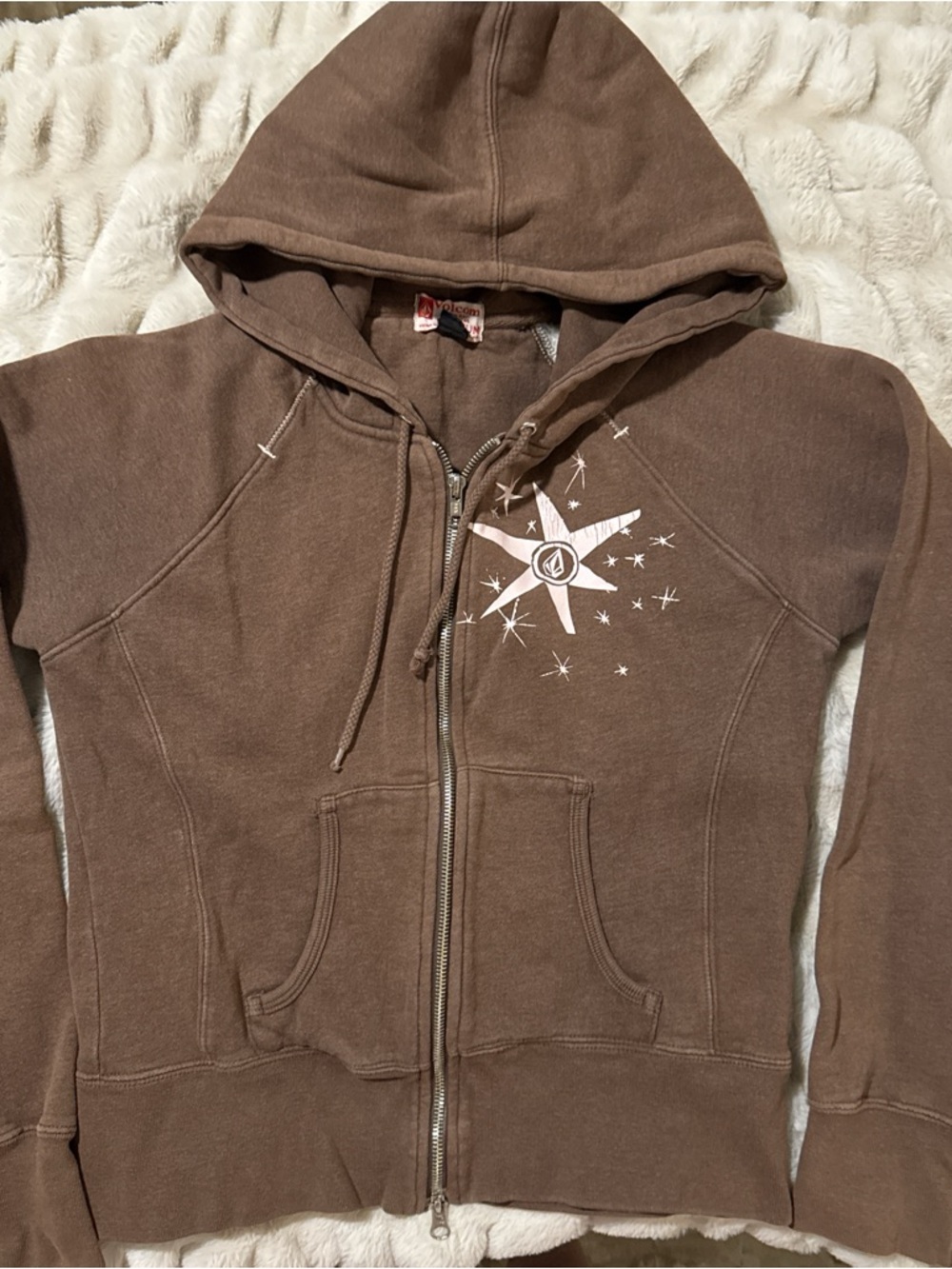 Volcom Knitwear Pink and Brown Zip-Up Hoodie - Size Medium